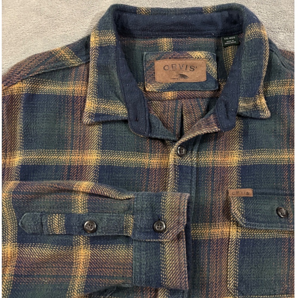 Orvis Mens XXL Green Plaid Flannel Button Down Shirt Side Pockets Heavyweight